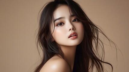 Fototapeta premium Woman's face, beauty portrait, studio, neutral background, skincare ad