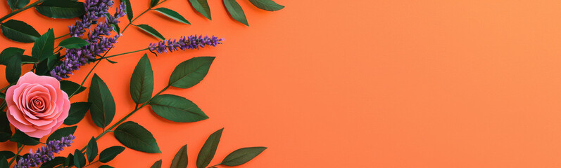 Pink rose and lavender flowers with green leaves on orange background