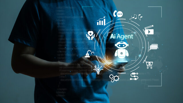 AI Agents Business people use their smartphones with AI assistants to perform tasks that are tailored to their goals, such as work education sales data analysis content creation payroll processes etc.