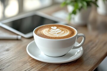 Fototapeta premium ** Elegant Cup of Coffee with Latte Art on Wooden Table Beside Digital Tablet in Cozy Cafe Setting..**
