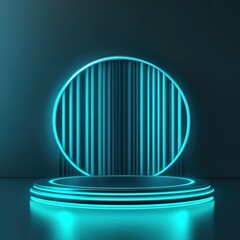 Neon Teal Cyber Stage Background with Circular Frame