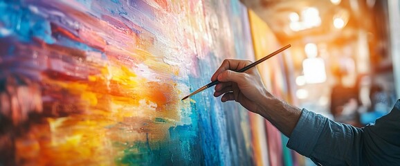 Close-up of artist's hand painting vibrant abstract art.
