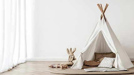 A minimalist child's room with a white background features a small tent, blanket, pillow, and toy on a parquet floor, creating a cozy and inviting nursery interior design