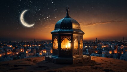 view of the city . A dark lantern sits before a silhouetted city skyline under a crescent moon and starry night sky.