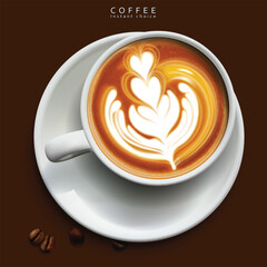 White cup with coffee latte. Hearts pattern in a cup. High detailed realistic illustration.