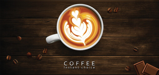 Coffee advertising design. White porcelain cup with coffee latte on a wooden table. High detailed realistic illustration.
