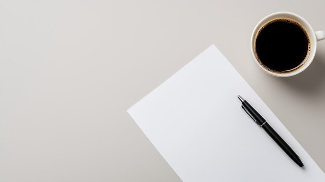 personal loans and credit installment concept. Blank paper and pen beside a cup of coffee on a neutral surface.