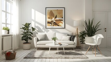 Fototapeta premium Minimalistic living room interior with white furniture and plants, lit by bright sunlight