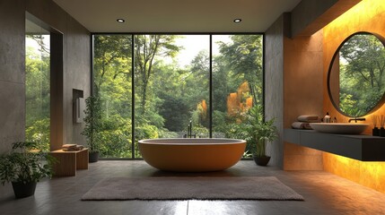 Fototapeta premium Serene Modern Bathroom with Forest View