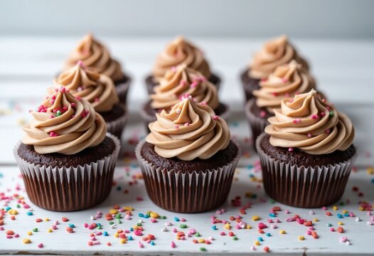 Artisanal chocolate cupcakes arranged in perfect row with swirled vanilla buttercream frosting and heart-shaped rainbow sprinkles on rustic white wooden surface