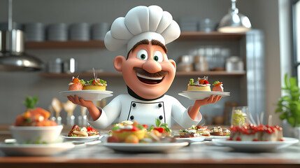 Chef Arranging Dishes On A Fancy Table. 3D cartoon character illustration, high definition