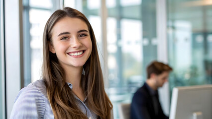 Obraz premium A confident businesswoman with a warm smile stands confidently in her office