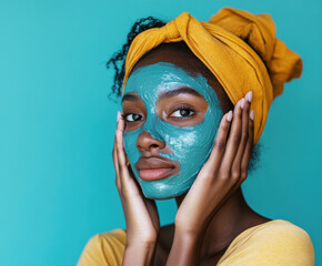 Woman applying green face mask while wearing yellow headwrap against teal background in a cozy indoor space