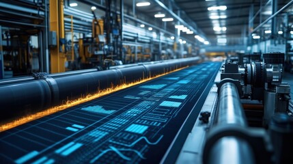 Naklejka premium Modern textile factory interior with advanced machinery, overlaid with financial graphs and data visuals. The composition symbolizes tax compliance and financial management