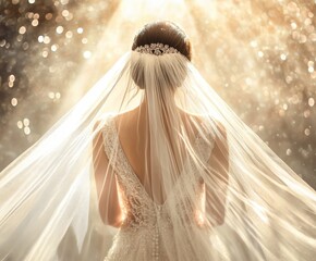 Elegant bride standing with flowing veil surrounded by sparkling lights during wedding preparation