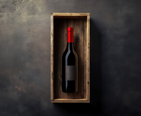 Elegant red wine bottle displayed in a rustic wooden box against a dark textured background for an inviting presentation