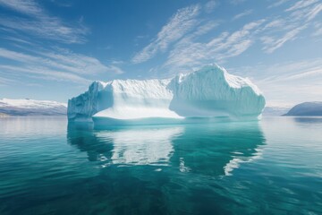 Iceberg floating serenely in crystal clear waters under a bright blue sky in a tranquil Arctic landscape