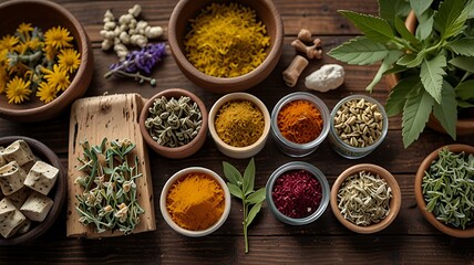 Vibrant Arrangement Of Herbal Medicines And Natural Remedies On A Rustic Tabl