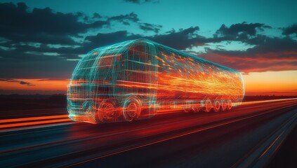 Futuristic semi-truck driving on highway at sunset. (1)