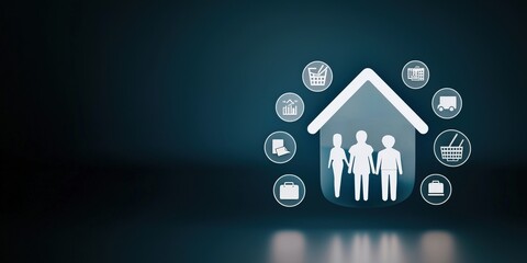 spending savings patterns concept. Digital illustration of a house with icons representing family and various services around it.