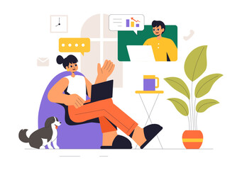 Remote Working Setup Vector Illustration of a Balanced Work Life Environment with Flextime, Emphasizing Flexibility and Productivity from the Home