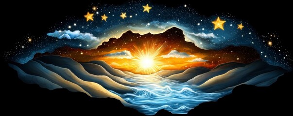 Obraz premium Celestial Sunset Over Dreamlike Mountains and Ocean