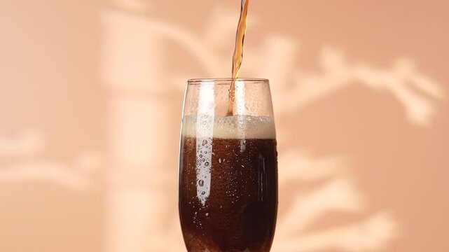 Cola pouring in to the glass on beige background. Fizzing refreshing drink.