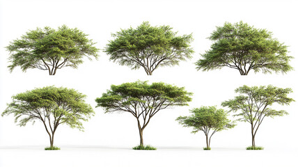 Collection of isolated African acacia trees on a white background. Plant and flower concept