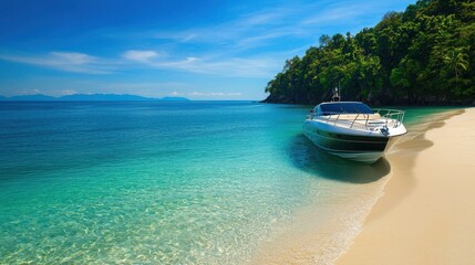 Obraz premium Luxurious Speedboat Anchored in a Secluded Paradise with Crystal Clear Water and Lush Greenery