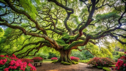 Ancient tree with gnarled branches and twisted trunk, surrounded by lush greenery and vibrant flowers, ancient, vines, flowers, blossoms