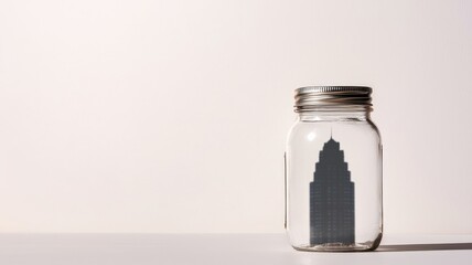 spending savings patterns concept. A silhouette of a building inside a glass jar, symbolizing confinement or preservation.