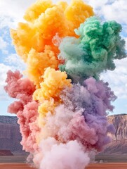 Colorful Smoke Bomb Explosion in Desert Landscape.