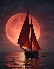 an old wooden sailboat appears to be sailing through the night sky with a large bright red moon hanging low and full, night sky, sailboat, moonlight