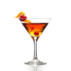 A sophisticated Manhattan with cherry and orange twist, displayed against an isolated white background, chiaroscuro art style