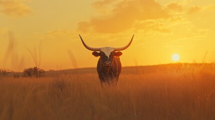 Lone Texas Longhorn at Sunset