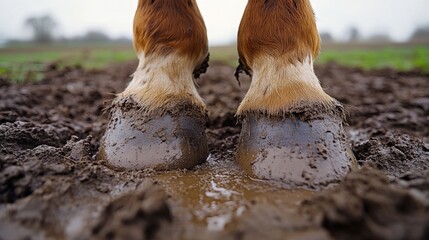 Close-Up of Hooves in Muddy Dirt Field Capturing Nature's Beauty and the Connection Between Livestock and Agriculture in Rural Landscapes