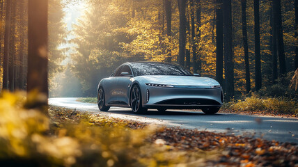 EV car, Electric car or hydrogen energy car on road midst forest and natural