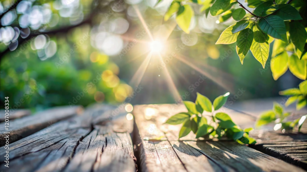 Poster a defocused outdoor scene with sunlight filtering through the tree foliage and casting a warm glow o