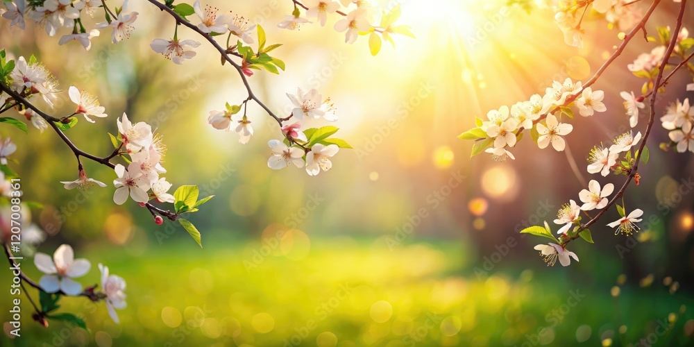 Aufkleber flowering branches of cherry tree on a sunny day glow in rays of sun on nature. spring blossom lands