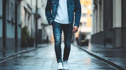 Fototapeta premium Man Walking Down City Street Wearing Jeans Jacket