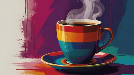 Pop Art Depiction Of A Steaming Coffee Cup With Bold Lines, Bright Colors