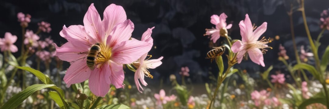 Bee amidst Exora flower with delicate golden stripes, honeycomb, greenery, flora