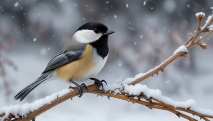 Obraz premium Black oiled sunflower seeds scattered around the base of a black capped chickadee perched on a branch in the snow, bird, bird feeding, bird photography