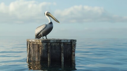 Serene Pelican Perched on Wildlife Safe Platform Against Calm Water and Clear Skies