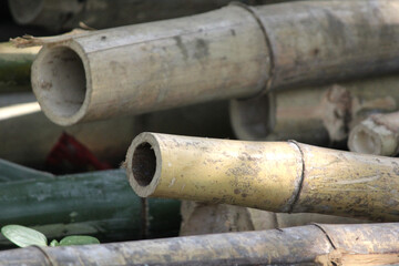 A close-up view of stacked bamboo poles, showcasing their natural texture and earthy tones.