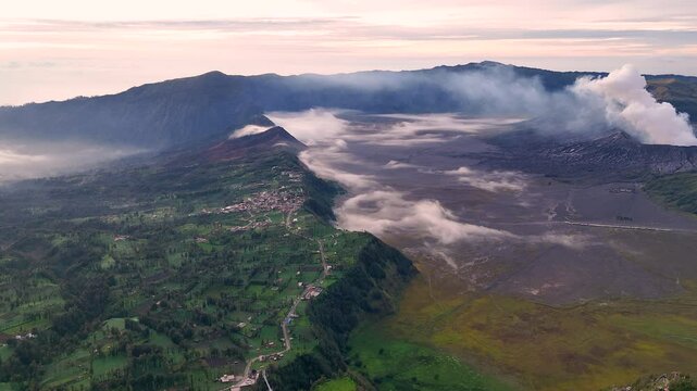 active, adventure, aerial landscape, aerial view, asia, bromo, bromo volcano, cloud, cloudy, destination, drone, east java, eruption, fog, hiking, indonesia, island, java, landmark, landscape, light, 