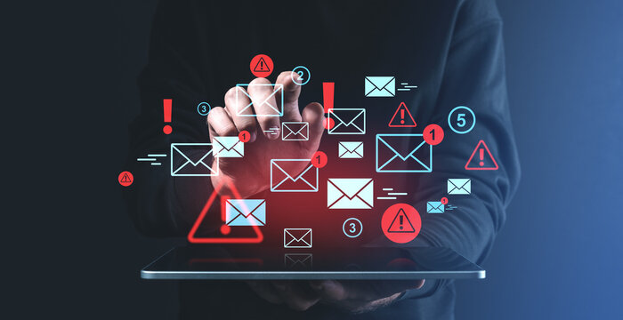 Notification alerts and email icons hovering over tablet screen.
