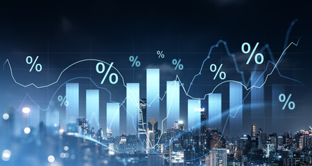 Financial chart with percentage symbols overlaying city skyline at night.