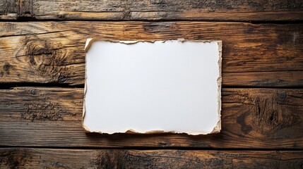Blank Flat Lay of a Frayed Edge Paper Sheet on a Rustic Wooden Surface for Creative Design and Photography Backgrounds