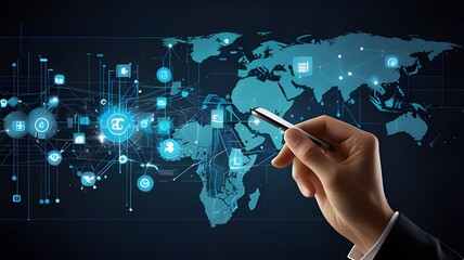 A hand holding a stylus interacts with a futuristic digital interface, showcasing a global network of interconnected data and technology icons overlaid on a world map.
